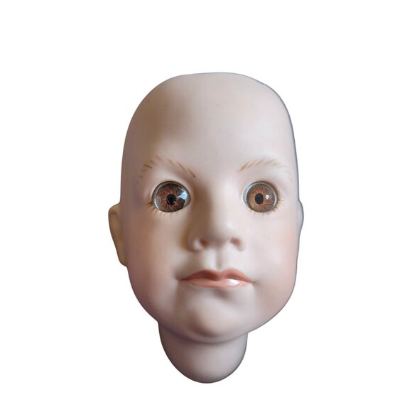 Porcelain Doll Head Brown Glass Eyes Painted Features - Picture 1 of 7